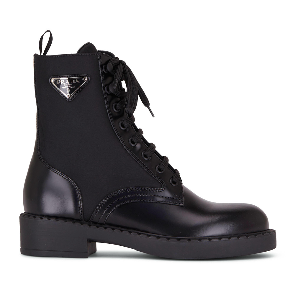 Prada Black Brushed Leather Lace Up Tie Combat Military Ankle Mid Calf Boot 36.5